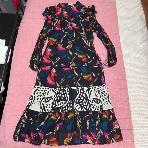 Farm Rio Black Macaws Flight Maxi Dress Tie Neck Leopard Tiered Animal Print XS - Picture 10 of 10